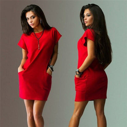 CityHottie - Women Female Short Sleeve Loose Mini Short A-line Dresses Summer Beach Casual Dress Candy Color S-XXL