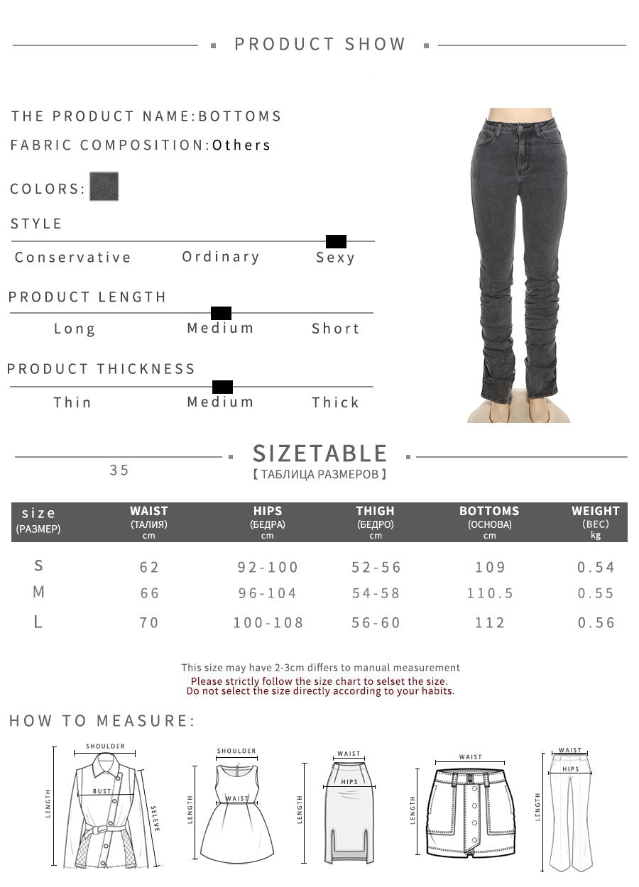 CityHottie - Grey Split Denim Stacked Pants Zip Up Baddie Style Streetwear Pencil Jeans For Women High Waist Bodycon Ruched Trousers