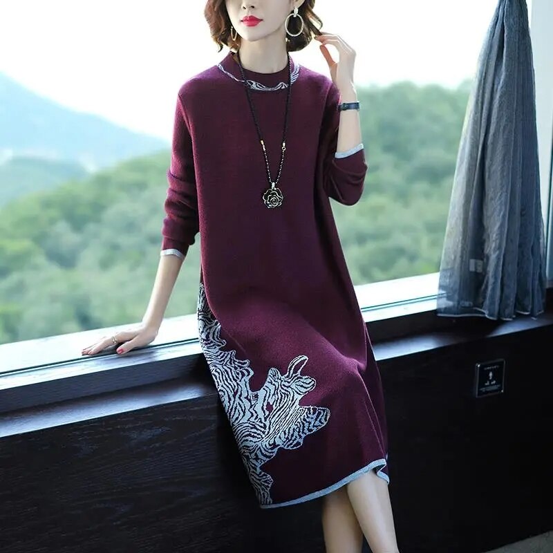 CityHottie - Trends high quality New Year Women's Autumn/Winter Long Sleeve Knitted Wool Dress Loose High Collar Knee-Length Dress Slim Casual Dress Party Dress