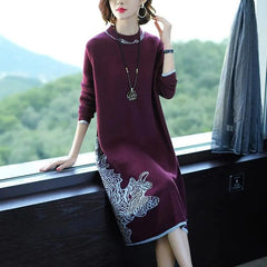 CityHottie - Trends high quality New Year Women's Autumn/Winter Long Sleeve Knitted Wool Dress Loose High Collar Knee-Length Dress Slim Casual Dress Party Dress