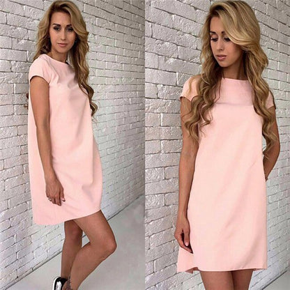 CityHottie - Women Female Short Sleeve Loose Mini Short A-line Dresses Summer Beach Casual Dress Candy Color S-XXL