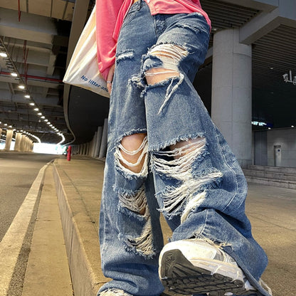 CityHottie - Spring And Autumn women's ripped jeans high waist loose straight pants wide leg pants women's jeans Y2K high street jeans