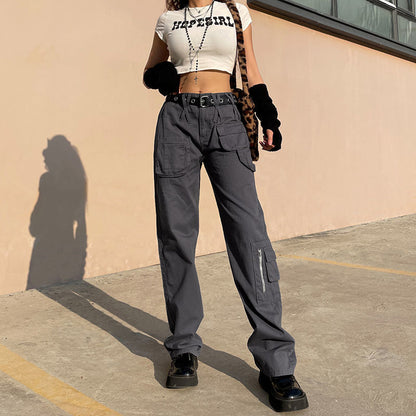 CityHottie - Vintage Streetwear Cargo Pants Women Harajuku Street Loose Straight Women Jeans Casual Slim Versatile High Waisted Jeans Pants