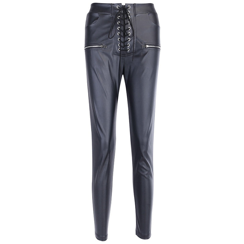 CityHottie - Leather Pant Faux PU Pencil Pant Lace Up High Waist Bandage Slim Skinny Zipper Streetwear Autumn Casual Trousers Women