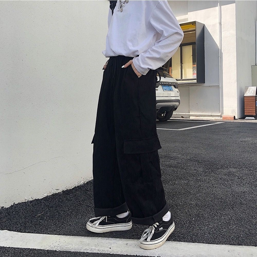 CityHottie - Summer Outfits Trends Women's Cargo Pants Corduroy Wide Leg Pocket Jogger Trousers Autumn Winter Casual Loose Streetwear Harajuku Harem Pant Females