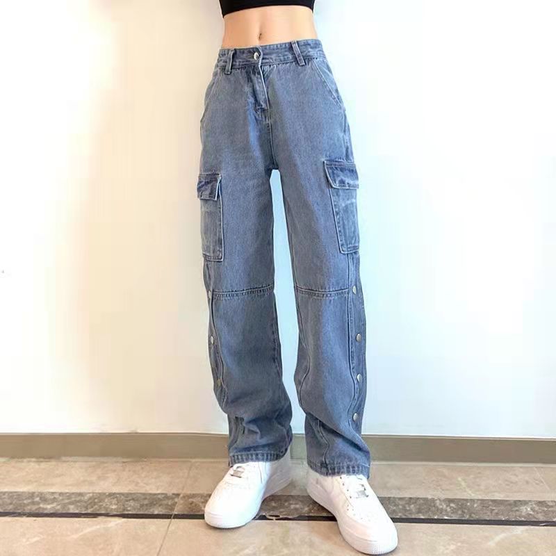 CityHottie - Vintage Streetwear Cargo Pants Women Harajuku Street Loose Straight Women Jeans Casual Slim Versatile High Waisted Jeans Pants