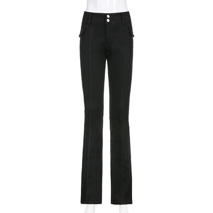 CityHottie - Indie Aesthetics Slim Low Waist Flare Pants E-girl Vintage Pockets Solid Y2K Pants Autumn 90s Fashion Black Trousers