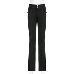 CityHottie - Indie Aesthetics Slim Low Waist Flare Pants E-girl Vintage Pockets Solid Y2K Pants Autumn 90s Fashion Black Trousers