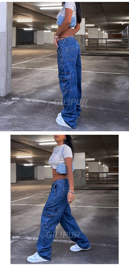 CityHottie - Y2k Cargo Pants Women's Jeans New Fashion Baggy Jeans Denim Overalls 90s Low Rise Pocket Straight Leg Trousers Streetwear