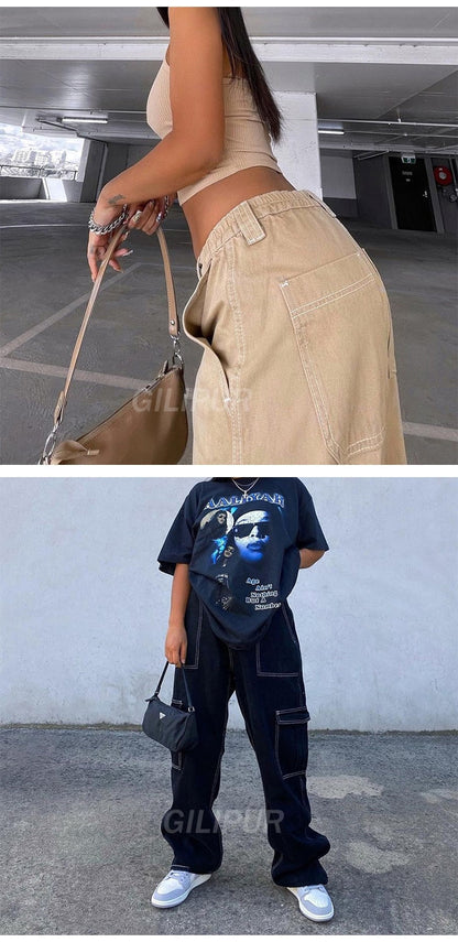 CityHottie - Y2k Cargo Pants Women's Jeans New Fashion Baggy Jeans Denim Overalls 90s Low Rise Pocket Straight Leg Trousers Streetwear