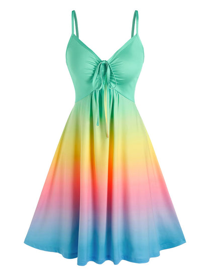 CityHottie - Wipalo Casual Dress Plus Size Women Cinched Rainbow Color Ombre Slip Dress Spaghetti Strap Summer Sexy Party Dress Robe Femme