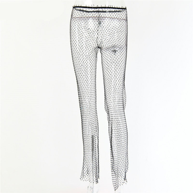 CityHottie - New Crystal Diamond Shiny Women Pants Summer Sexy Hollow Out Elastic Fishnet Trousers Fashion See Through Beachwear CityHottie