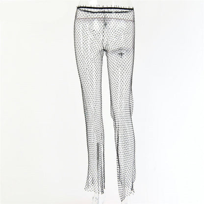 CityHottie - New Crystal Diamond Shiny Women Pants Summer Sexy Hollow Out Elastic Fishnet Trousers Fashion See Through Beachwear CityHottie