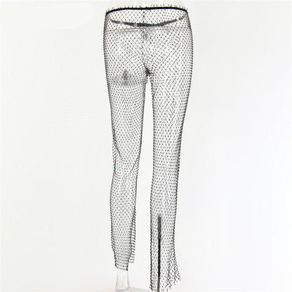 CityHottie - New Crystal Diamond Shiny Women Pants Summer Sexy Hollow Out Elastic Fishnet Trousers Fashion See Through Beachwear CityHottie