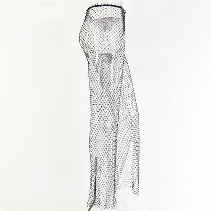 CityHottie - New Crystal Diamond Shiny Women Pants Summer Sexy Hollow Out Elastic Fishnet Trousers Fashion See Through Beachwear CityHottie