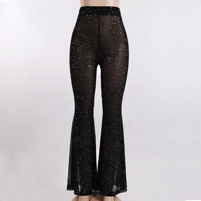 CityHottie - Hot Sparkly Rhinestone Black Mesh Sexy Flare Pants Streetwear Rave Bottoms See Through Beach Bell Bottom Pants C66-BE16