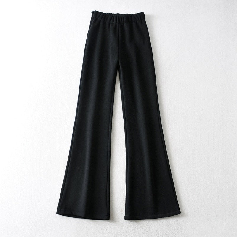 CityHottie - New High Street Elastic Waist Solid Color Flare Pants For Women Spring Autumn Thick Casual Female Trouser BSXM new years eve outfits women