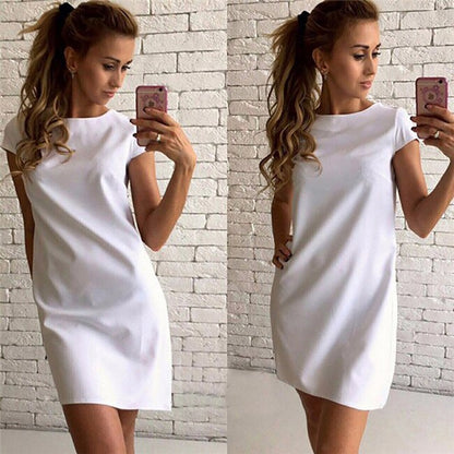 CityHottie - Women Female Short Sleeve Loose Mini Short A-line Dresses Summer Beach Casual Dress Candy Color S-XXL