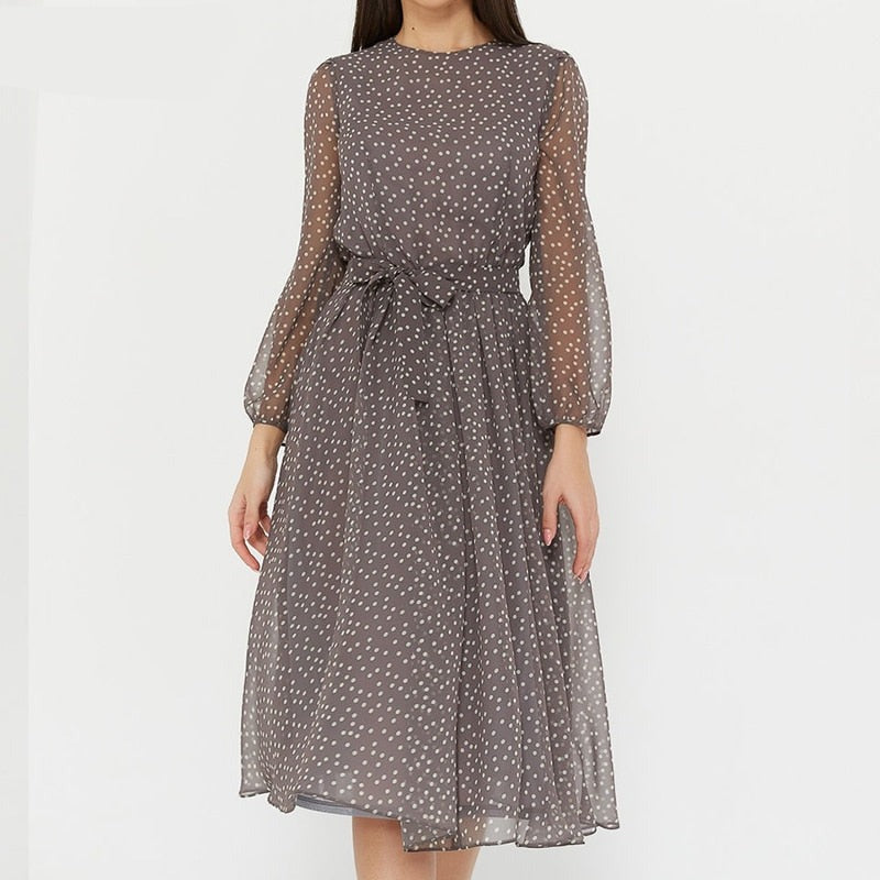 CityHottie - Summer Outfits Fashion Trends Elegant Dot Print Long Sleeve Polka Dress O Neck Chiffon A Line Women Casual Dress Vintage Midi Vestidos