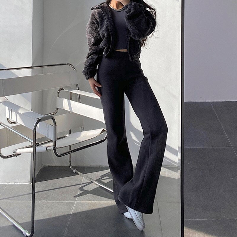 CityHottie - New High Street Elastic Waist Solid Color Flare Pants For Women Spring Autumn Thick Casual Female Trouser BSXM new years eve outfits women