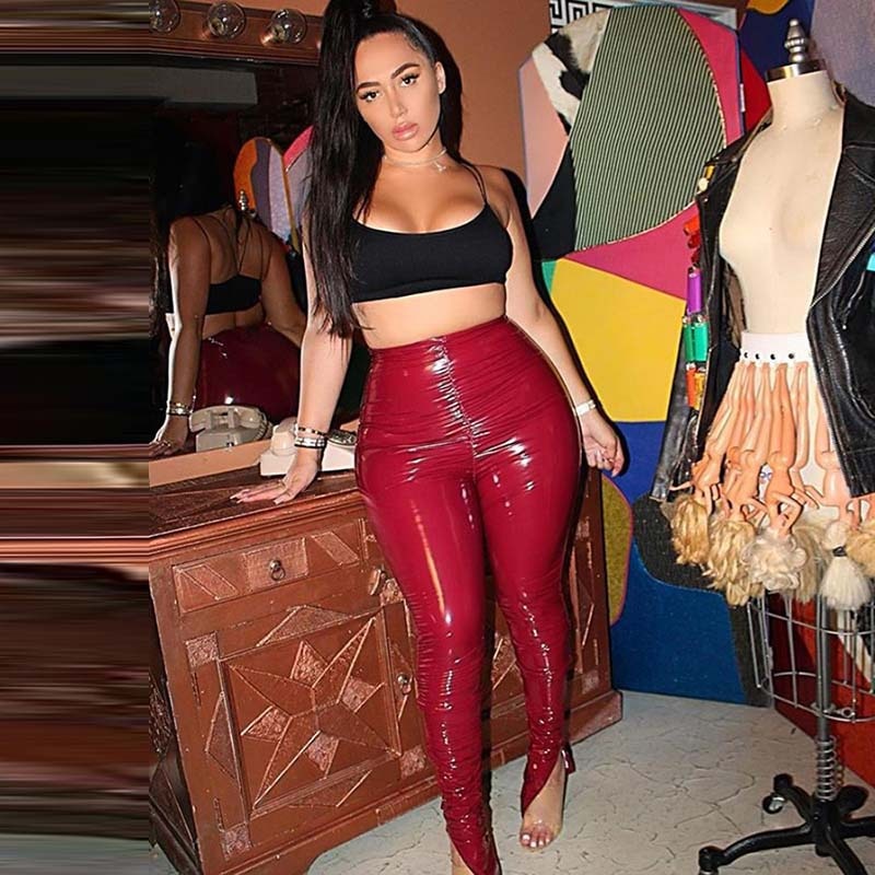 CityHottie - Winter Joggers PU Leather Leggings Pants Pleated High Waist Streetwear Long Trouser Solid Color Party Night Clubwear Outfit