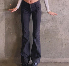 CityHottie - Indie Aesthetics Slim Low Waist Flare Pants E-girl Vintage Pockets Solid Y2K Pants Autumn 90s Fashion Black Trousers