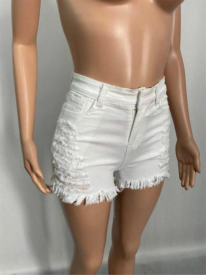 CityHottie - New Summer Ripped Hole Hollow Out Jeans For Women High Waist Sexy Tassels Cut Open Button Slim Denim Shorts Pants