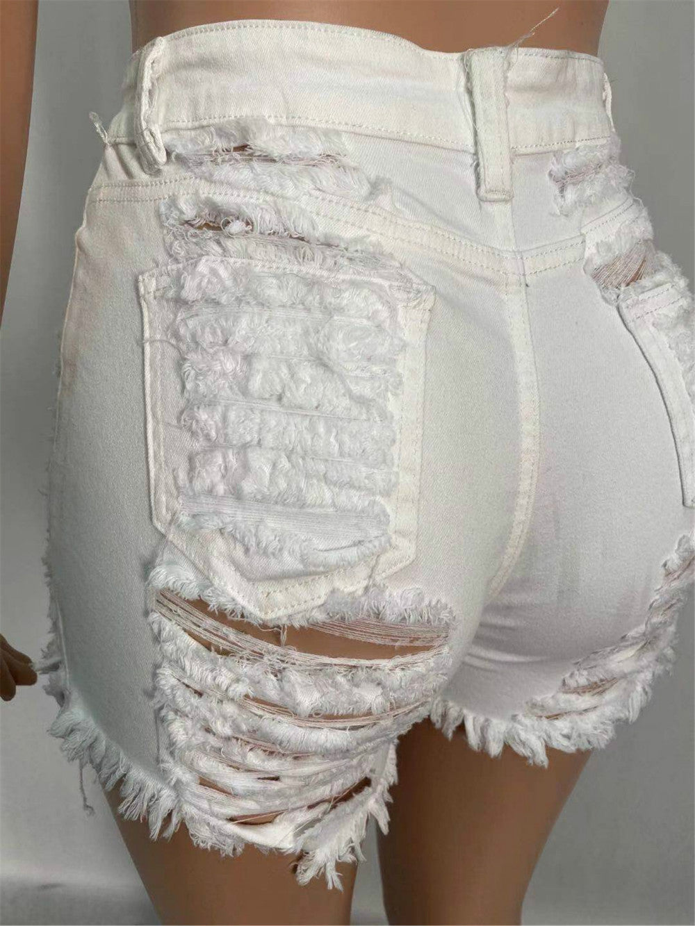 CityHottie - New Summer Ripped Hole Hollow Out Jeans For Women High Waist Sexy Tassels Cut Open Button Slim Denim Shorts Pants