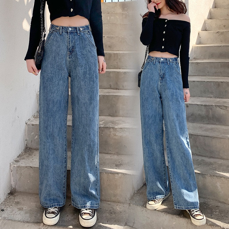 CityHottie - streetwear high waist women's fashion jeans woman girls women wide leg pants trousers female trousers denim bagge mom jeans