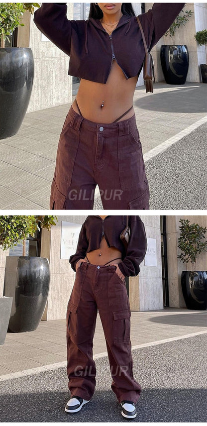 CityHottie - Y2k Cargo Pants Women's Jeans New Fashion Baggy Jeans Denim Overalls 90s Low Rise Pocket Straight Leg Trousers Streetwear