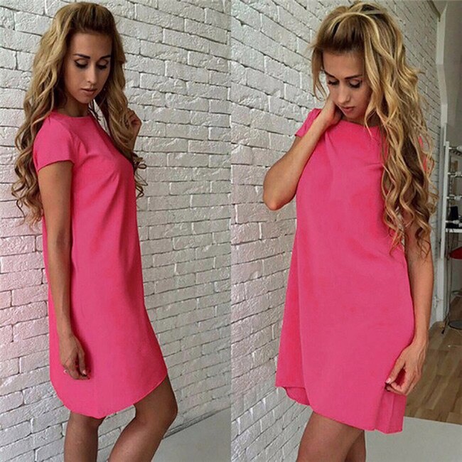 CityHottie - Women Female Short Sleeve Loose Mini Short A-line Dresses Summer Beach Casual Dress Candy Color S-XXL