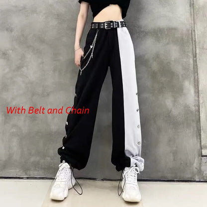 CityHottie - Women Fashion Contrast Cargo Pants Female New Arrival Elastic Waist Wide Leg Trousers Ladies Korean High Street Cotton Pant