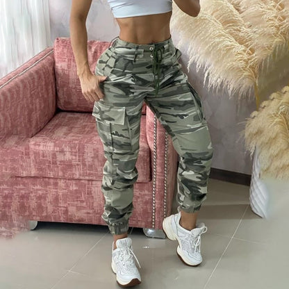 CityHottie - Women Fashion Spring Summer Women Camouflage Print Drawstring Pocket Design Cargo Pants Casual Long Trouser Loungewear Daily Wear Clothes