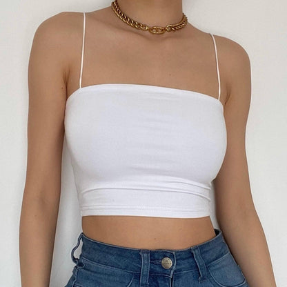 Double layered solid spaghetti strap crop cami top - Halibuy