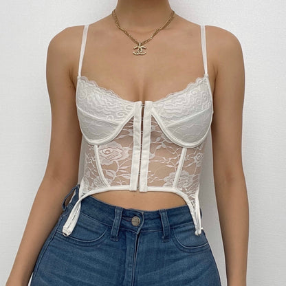 Button-through front lace see-through cami top