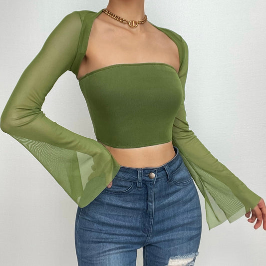 Mesh solid long sleeve shrug 2 piece tube top