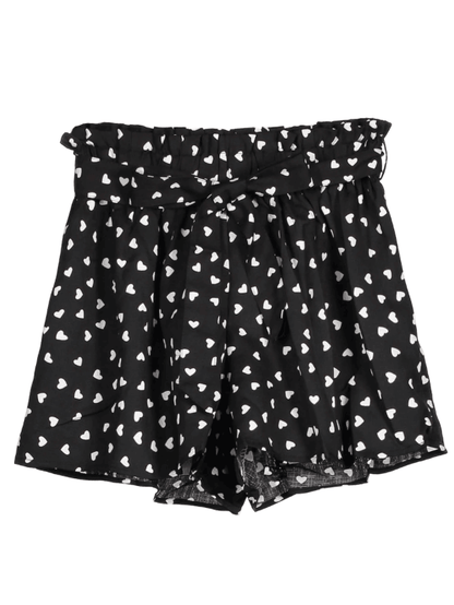 Trendy Tie Belt Heart Print Shorts