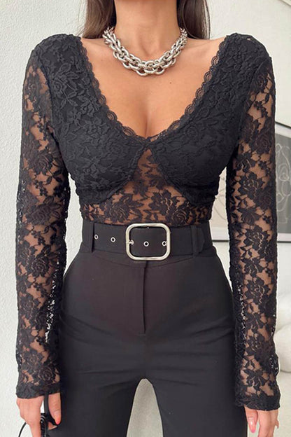 Lace Long Sleeve Backless Crop Top