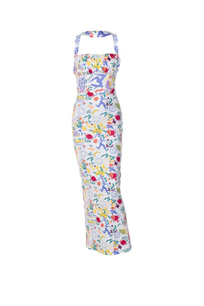 Multicolor Print Halter Backless Dress