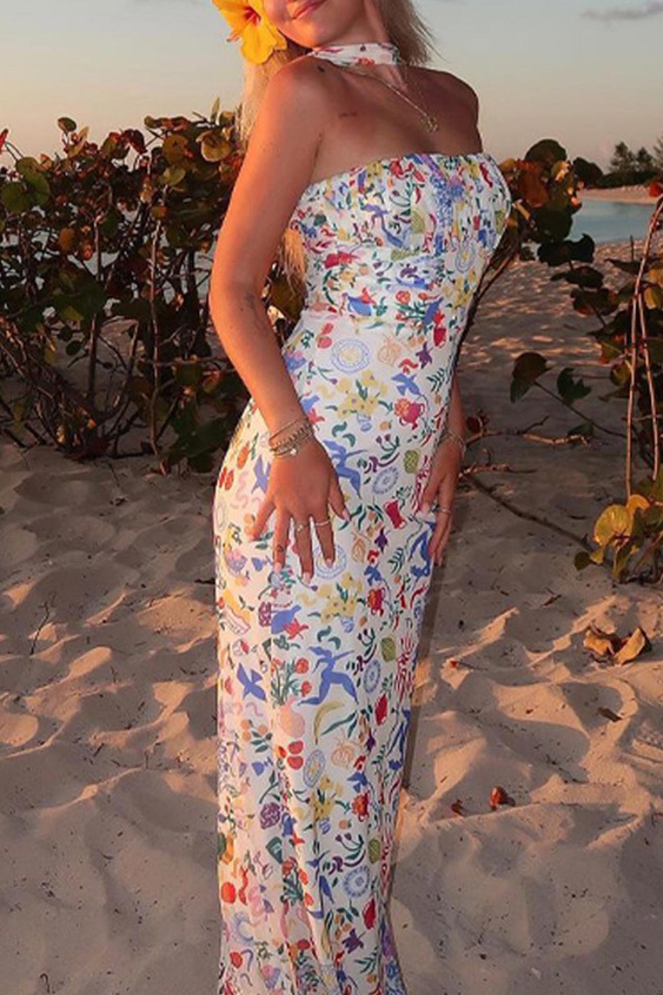 Multicolor Print Halter Backless Dress