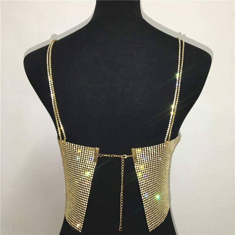 Crystal Diamond Chain Ladies Backless  Collar Nightclub Music Festival Top