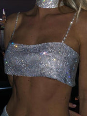 Crystal Diamond Chain Ladies Backless  Collar Nightclub Music Festival Top