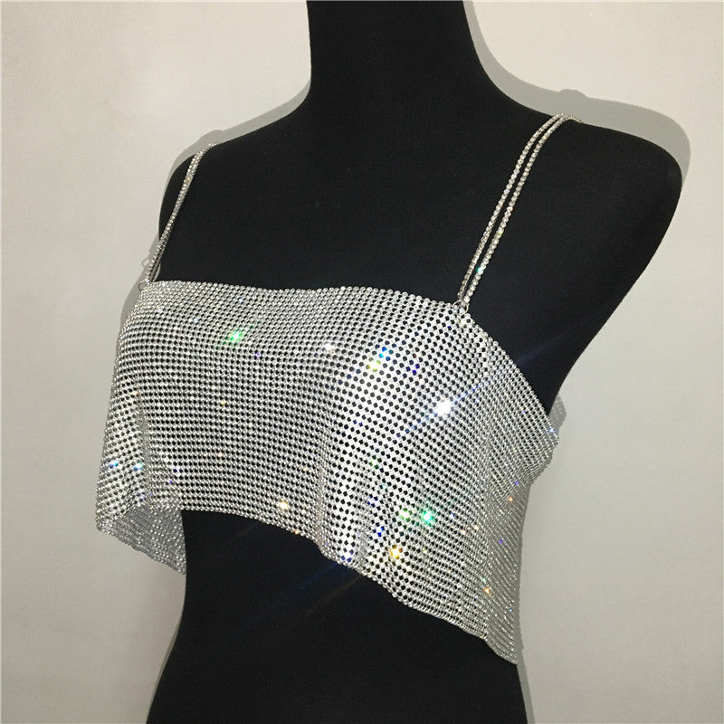 Crystal Diamond Chain Ladies Backless  Collar Nightclub Music Festival Top