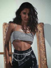 Crystal Diamond Chain Ladies Backless  Collar Nightclub Music Festival Top