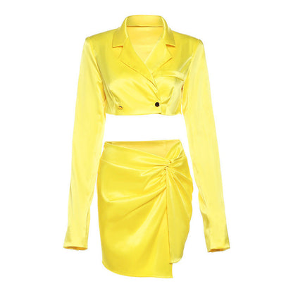 Autumn Winter Women Collared Long Sleeve Short Blazer Slim High Waist Skirt Set Yellow blazer blazer set bottoms clothes sets skirt set skirts