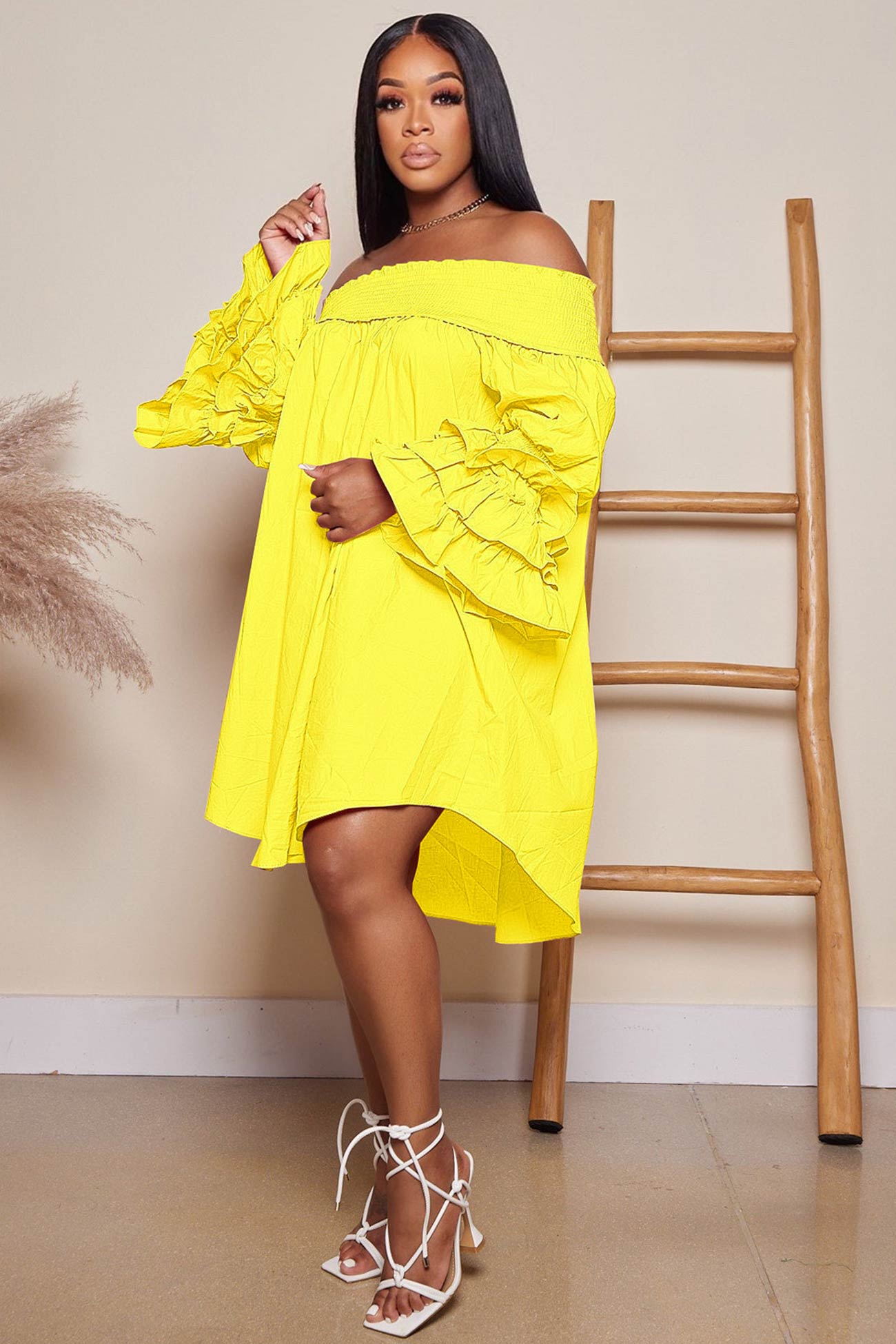 Off Shoulder Tiered Puff Sleeve Loose Dress