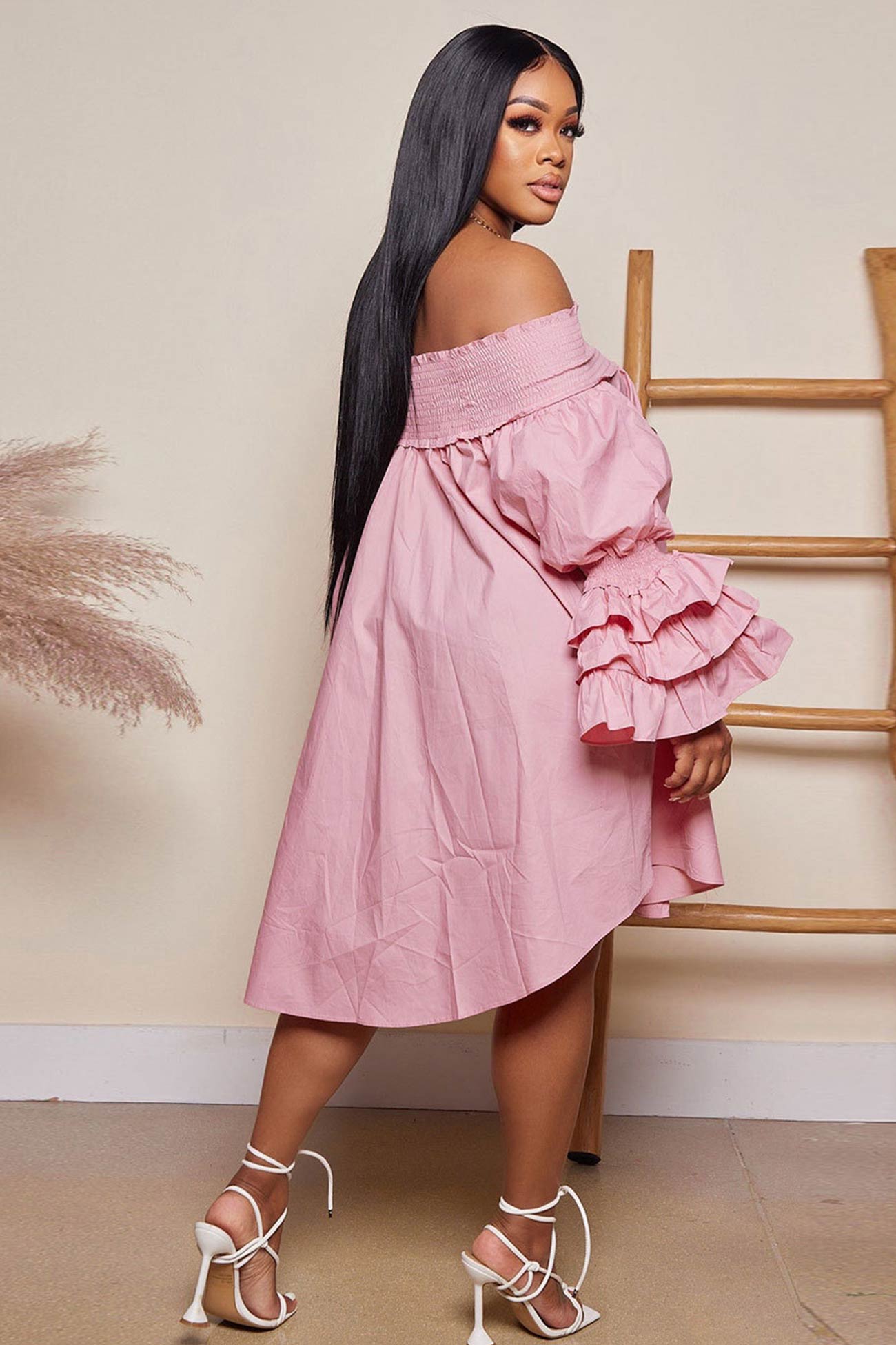 Off Shoulder Tiered Puff Sleeve Loose Dress