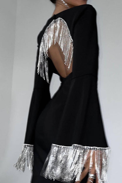 Rhinestone Fringe Backless Mini Dress