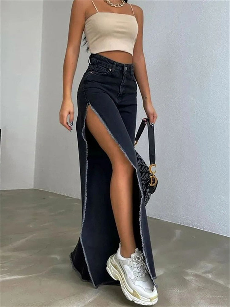 CityHottie - High Waisted Side Split Out Jeans Women Casual Loose Cargo Black Pants Streetwear Summer Wide Leg Long Baggy Y2k Jeans