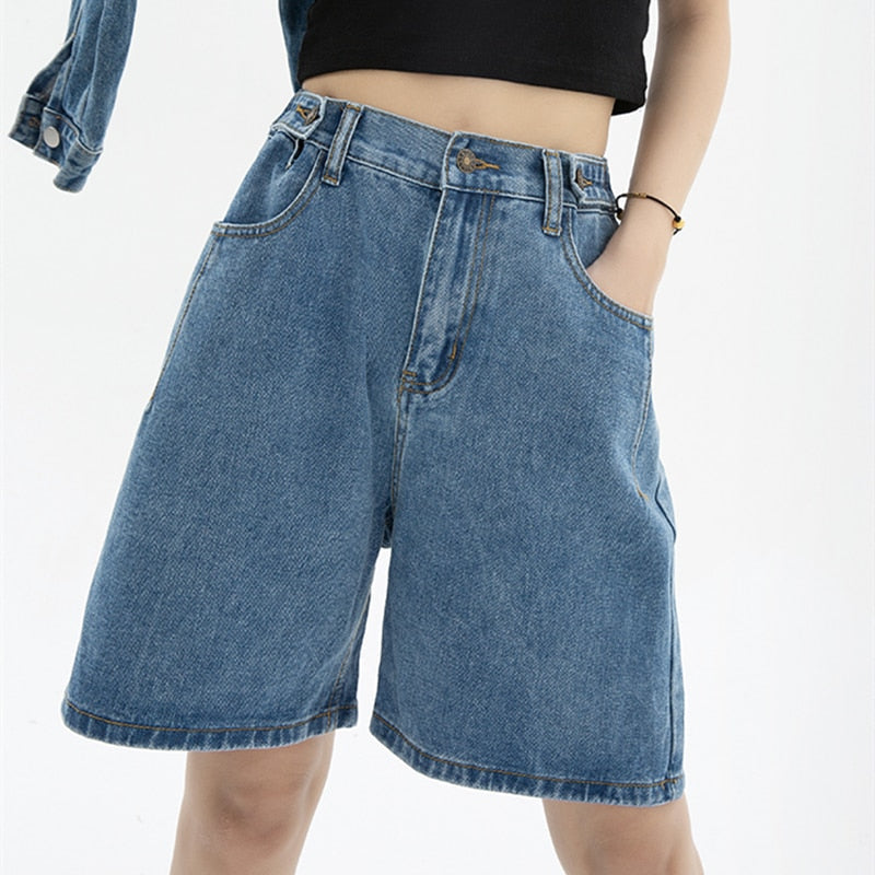 CityHottie - Women's Short Summer High Waist Jeans Baggy Straight Five Points Trousers Streetwear Vintage Mom Denim Wide Leg Short Pants